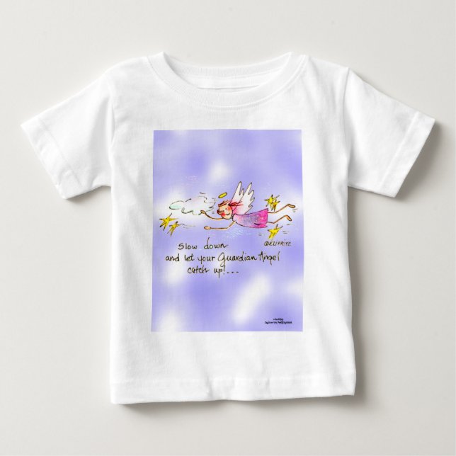 Flying angel in purple, gold stars says slow down  baby T-Shirt (Front)