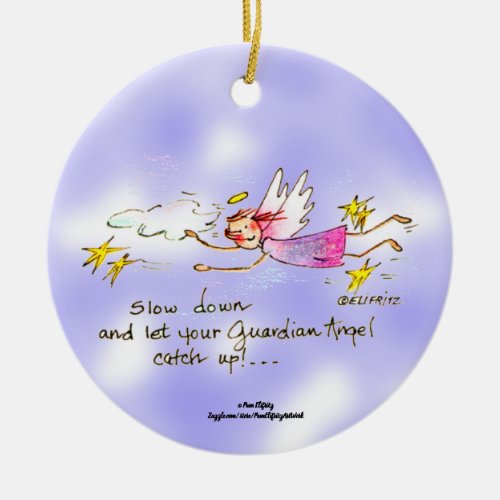 Flying angel in purple gold stars says slow down  ceramic ornament