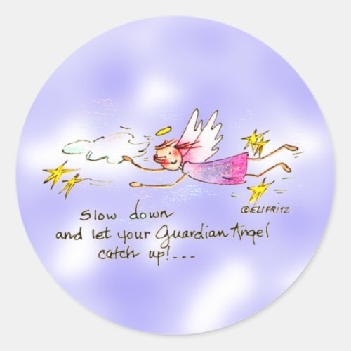 Flying angel in purple gold stars says slow down  classic round sticker