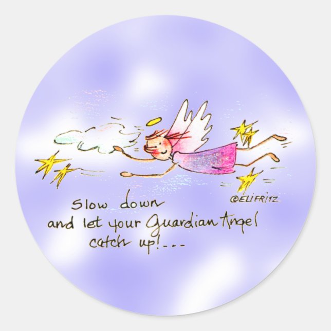 Flying angel in purple, gold stars says slow down  classic round sticker (Front)