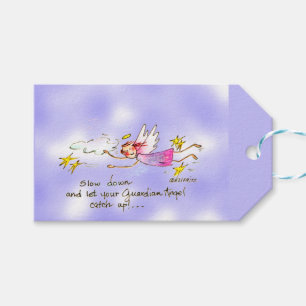 Flying angel in purple, gold stars says slow down gift tags