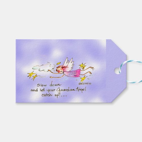 Flying angel in purple gold stars says slow down  gift tags