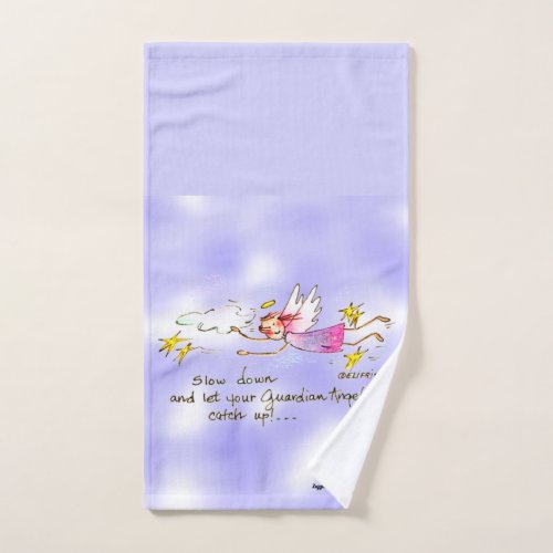 Flying angel in purple gold stars says slow down  hand towel 