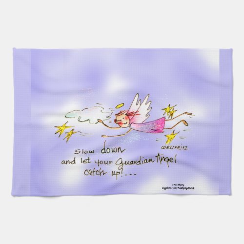 Flying angel in purple gold stars says slow down  kitchen towel