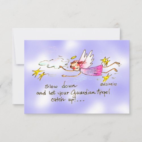 Flying angel in purple gold stars says slow down thank you card