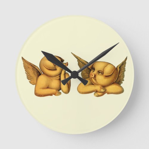 Flying Angel Pigs with wings Fantasy Animals Art Round Clock