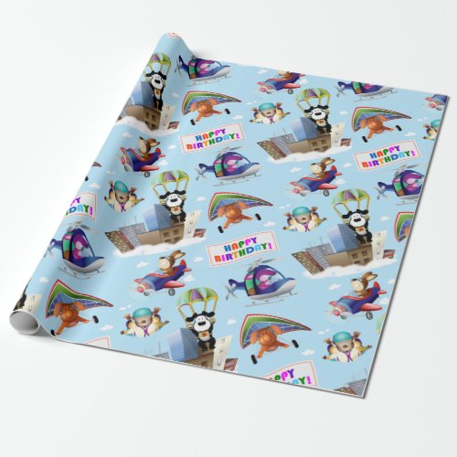 Flying Animal Adventures Happy Birthday Wrapping Paper