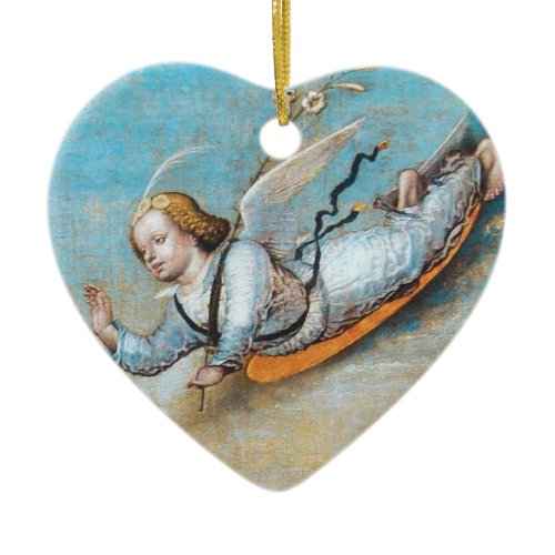 FLYING ANNUNCIATION ANGEL ,BLUE CHRISTMAS HEART CERAMIC ORNAMENT