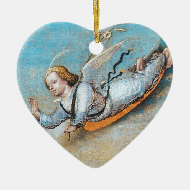FLYING ANNUNCIATION ANGEL ,BLUE CHRISTMAS HEART CERAMIC ORNAMENT (Front)