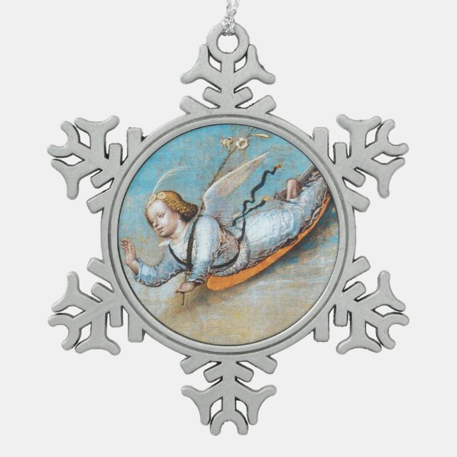 FLYING ANNUNCIATION ANGEL SNOWFLAKE PEWTER CHRISTMAS ORNAMENT (Front)