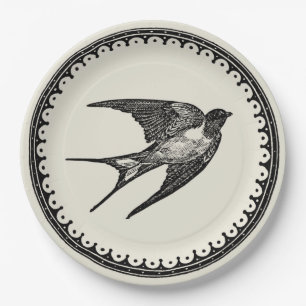 Flying Antique Swallow Bird On Beige Background Paper Plates