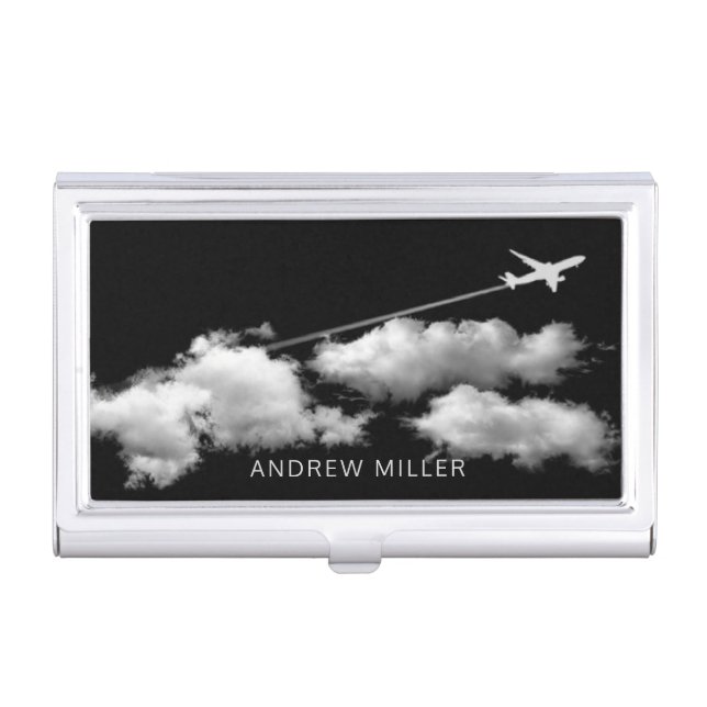 Flying Away Airplane Over The Clouds Personalized Business Card Case (Front)