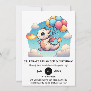 Flying Baby Dragon with Balloons Birthday Invitation