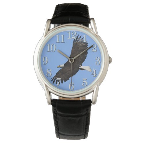 Flying Bald Eagle and Blue Sky Wildlife Wristwatch