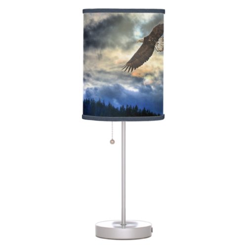 Flying Bald Eagle and Clouded Sky Wildlife Photo Table Lamp
