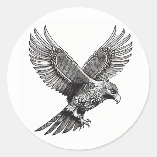 Flying Bald Eagle Black and White Art Heart Wings Classic Round Sticker