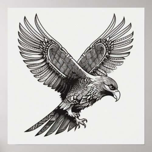 Flying Bald Eagle Black and White Art Heart Wings Poster