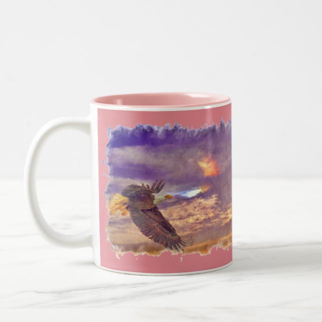 Flying Bald Eagle & Crepuscular Sky Wildlife Art Two-Tone Coffee Mug (Left)