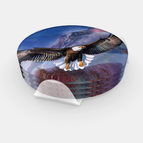 Flying Bald Eagle US Flag Mountain Scene Coaster Set