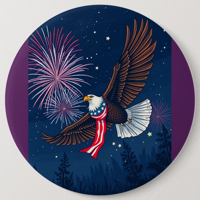 Flying Bald Eagle with USA Flag Scarf & Fireworks  Button (Front)