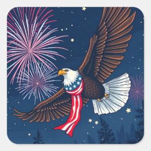 Flying Bald Eagle with USA Flag Scarf & Fireworks  Square Sticker