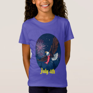 Flying Bald Eagle with USA Flag Scarf & Fireworks  T-Shirt