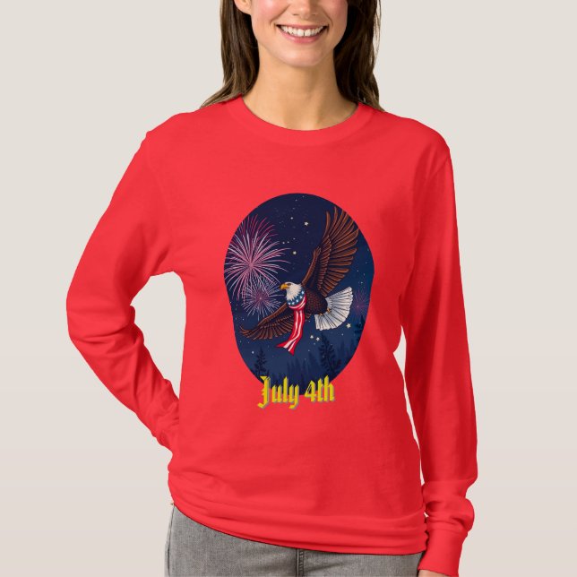Flying Bald Eagle with USA Flag Scarf & Fireworks  T-Shirt (Front)