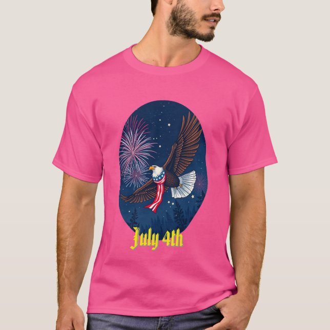 Flying Bald Eagle with USA Flag Scarf & Fireworks  T-Shirt (Front)