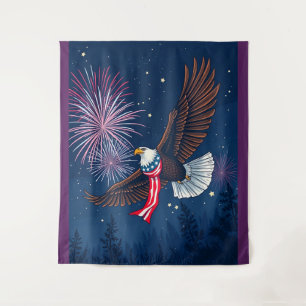 Flying Bald Eagle with USA Flag Scarf & Fireworks Tapestry