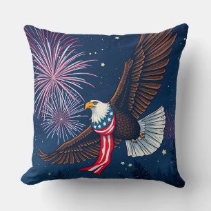 Flying Bald Eagle with USA Flag Scarf & Fireworks Throw Pillow