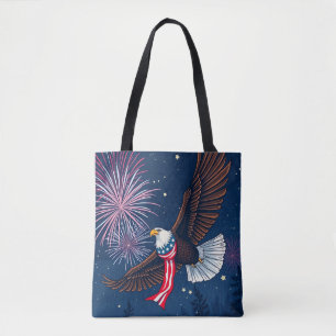 Flying Bald Eagle with USA Flag Scarf & Fireworks Tote Bag