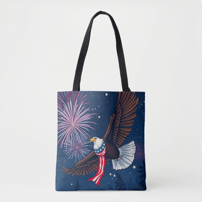 Flying Bald Eagle with USA Flag Scarf & Fireworks  Tote Bag (Front)