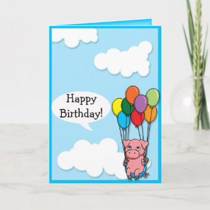 Flying Balloon Pig Birthday card