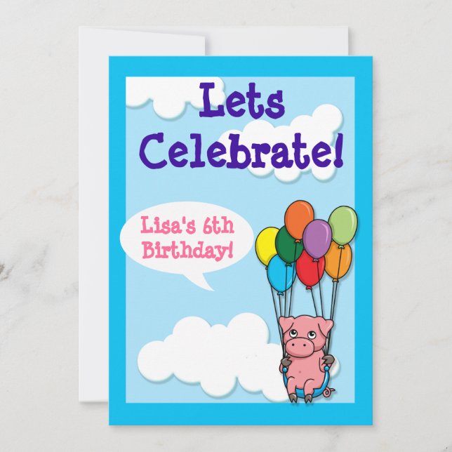 Flying Balloon Pig Children's Birthday Invite (Front)