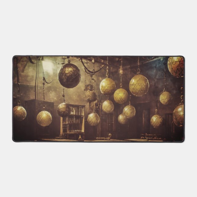 Flying balls, in an steampunk laboratory desk mat (Front)