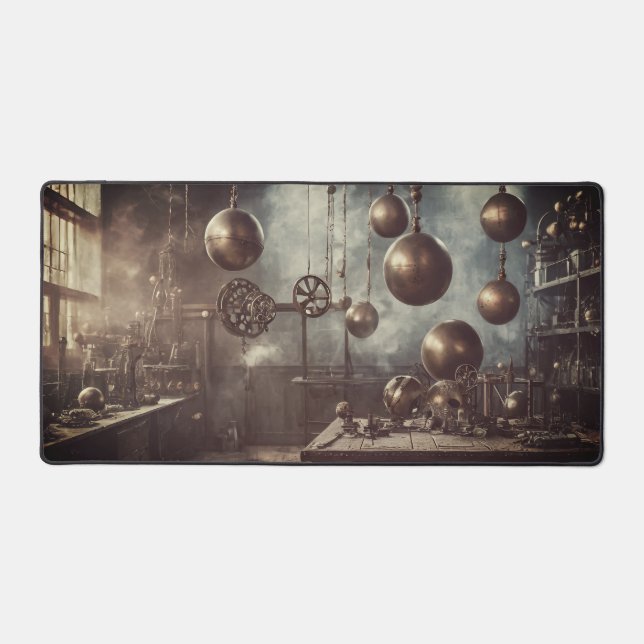 Flying balls, in an steampunk laboratory desk mat (Front)