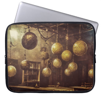 Flying balls, in an steampunk laboratory laptop sleeve