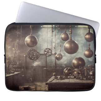 Flying balls, in an steampunk laboratory laptop sleeve