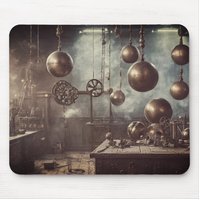 Flying balls, in an steampunk laboratory mouse pad (Front)
