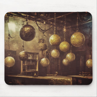 Flying balls, in an steampunk laboratory mouse pad