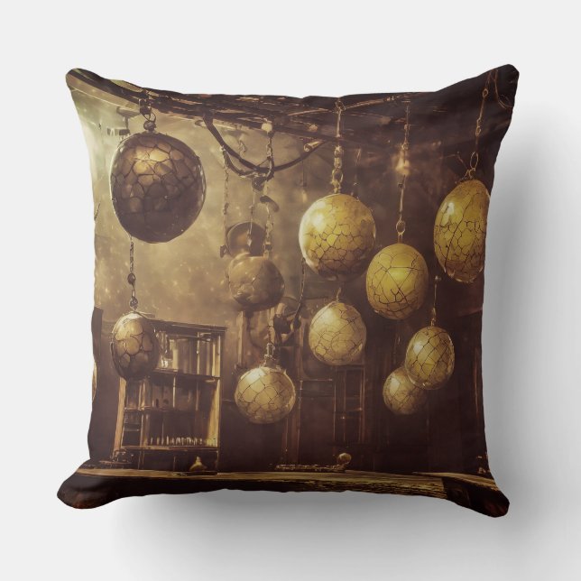 Flying balls, in an steampunk laboratory throw pillow (Front)
