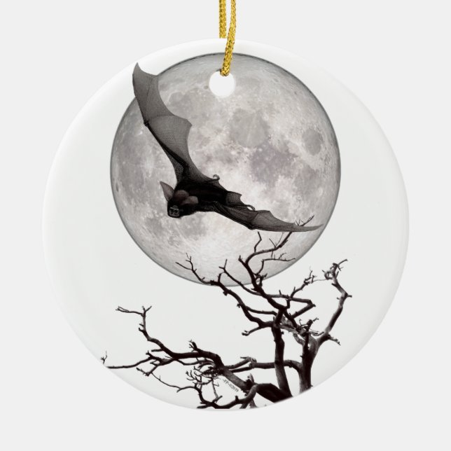 Flying Bat, Full Moon, Traditional Gothic, Vampire Ceramic Ornament (Front)