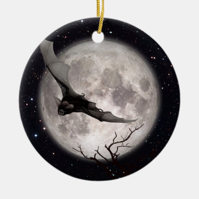 Flying Bat, Full Moon, Traditional Gothic, Vampire Ceramic Ornament (Front)