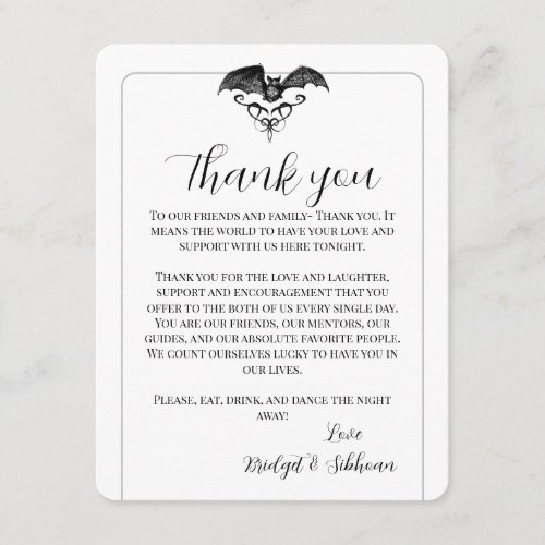 Flying Bat Gothic Wedding Thank You Reception Card