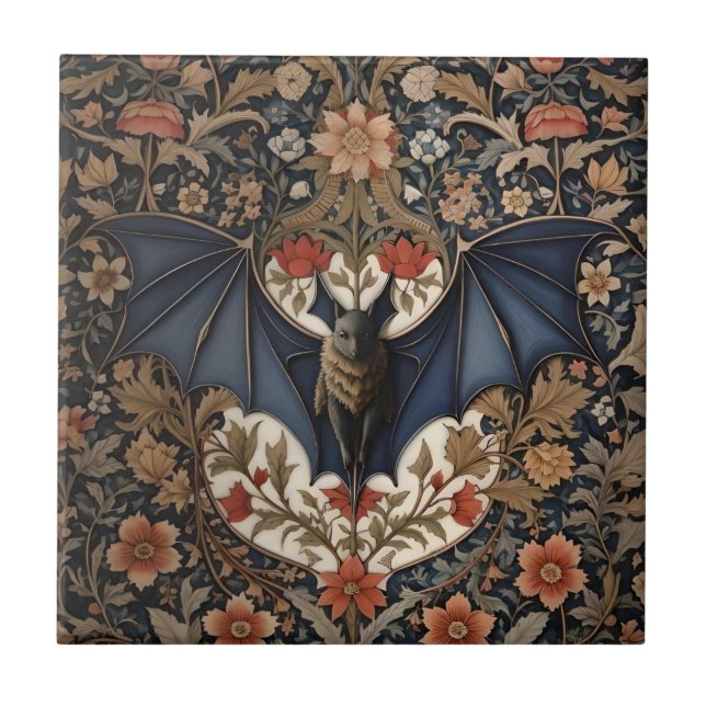 Flying Bat - Modern William Morris Floral  Ceramic Tile (Front)