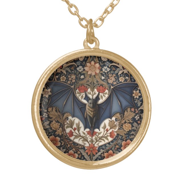 Flying Bat - Modern William Morris Floral  Gold Plated Necklace (Front)