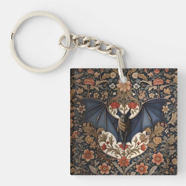 Flying Bat - Modern William Morris Floral  Keychain (Front)