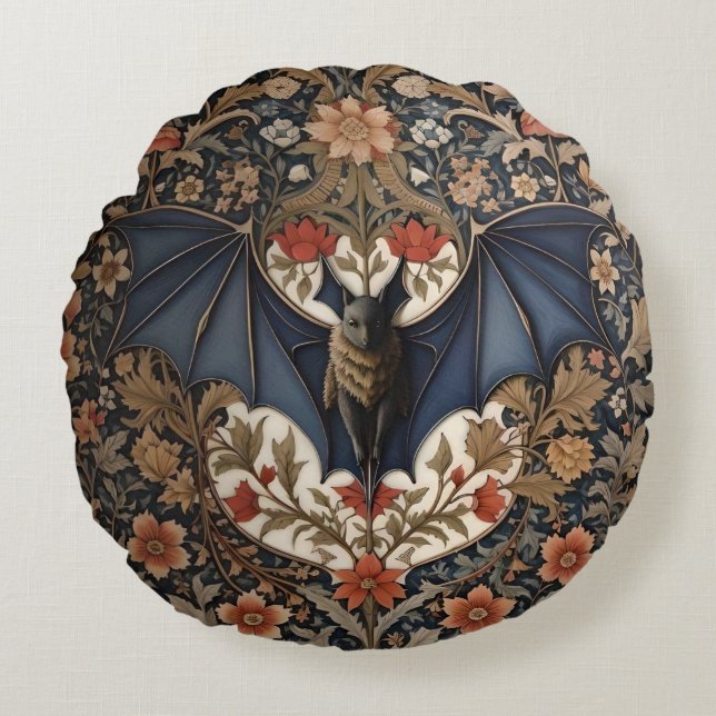 Flying Bat - Modern William Morris Floral  Round Pillow (Front)