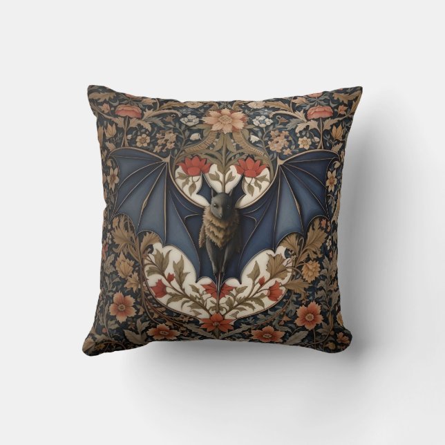 Flying Bat - Modern William Morris Floral  Throw Pillow (Back)