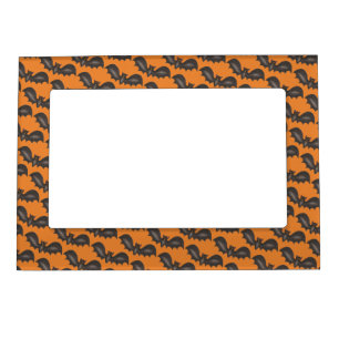 Flying Bats Black Orange Happy Halloween Print Magnetic Frame